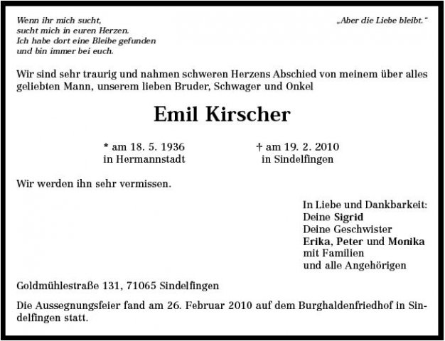 Kirscher Emil 1936-2010 Todesanzeige